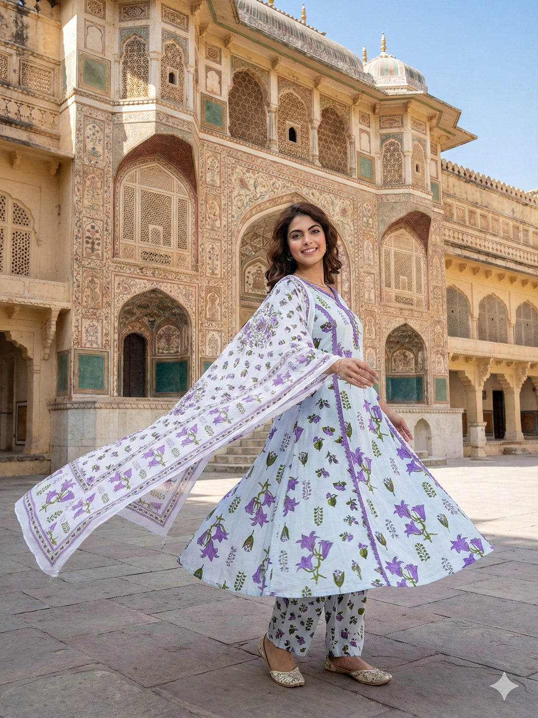 Jaitpuriya White And Purple Pure Cotton Anarkali Regular Kurta Set