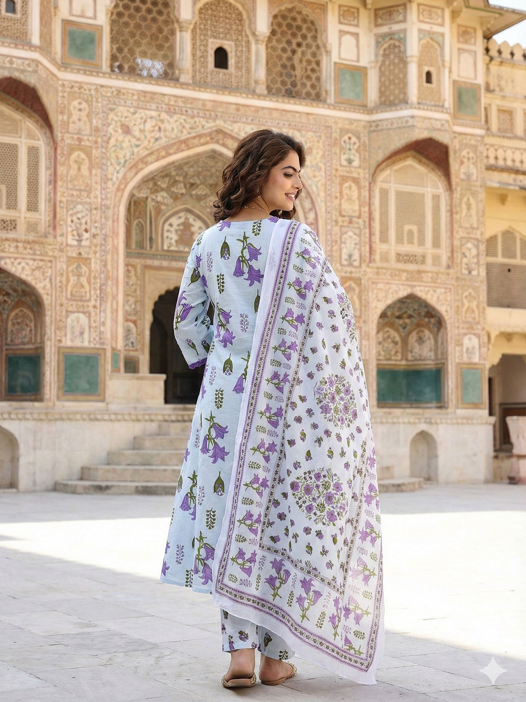 Jaitpuriya White And Purple Pure Cotton Anarkali Regular Kurta Set