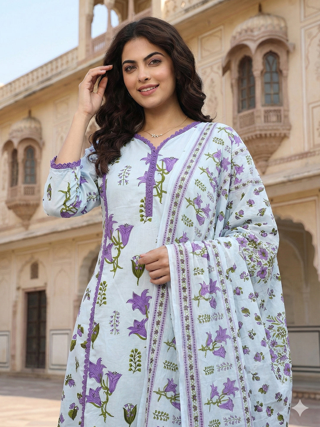 Jaitpuriya White And Purple Pure Cotton Anarkali Regular Kurta Set