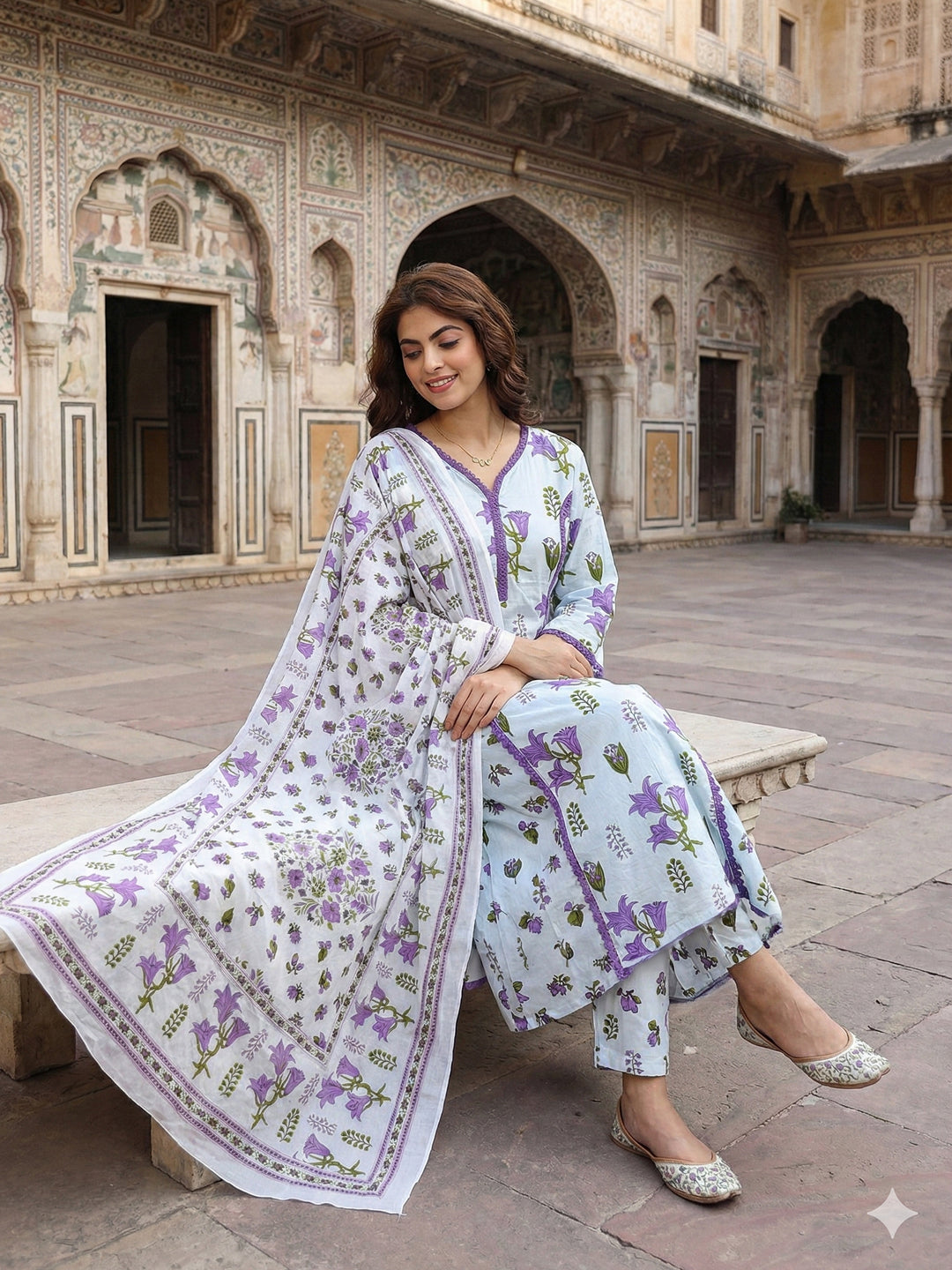 Jaitpuriya White And Purple Pure Cotton Anarkali Regular Kurta Set