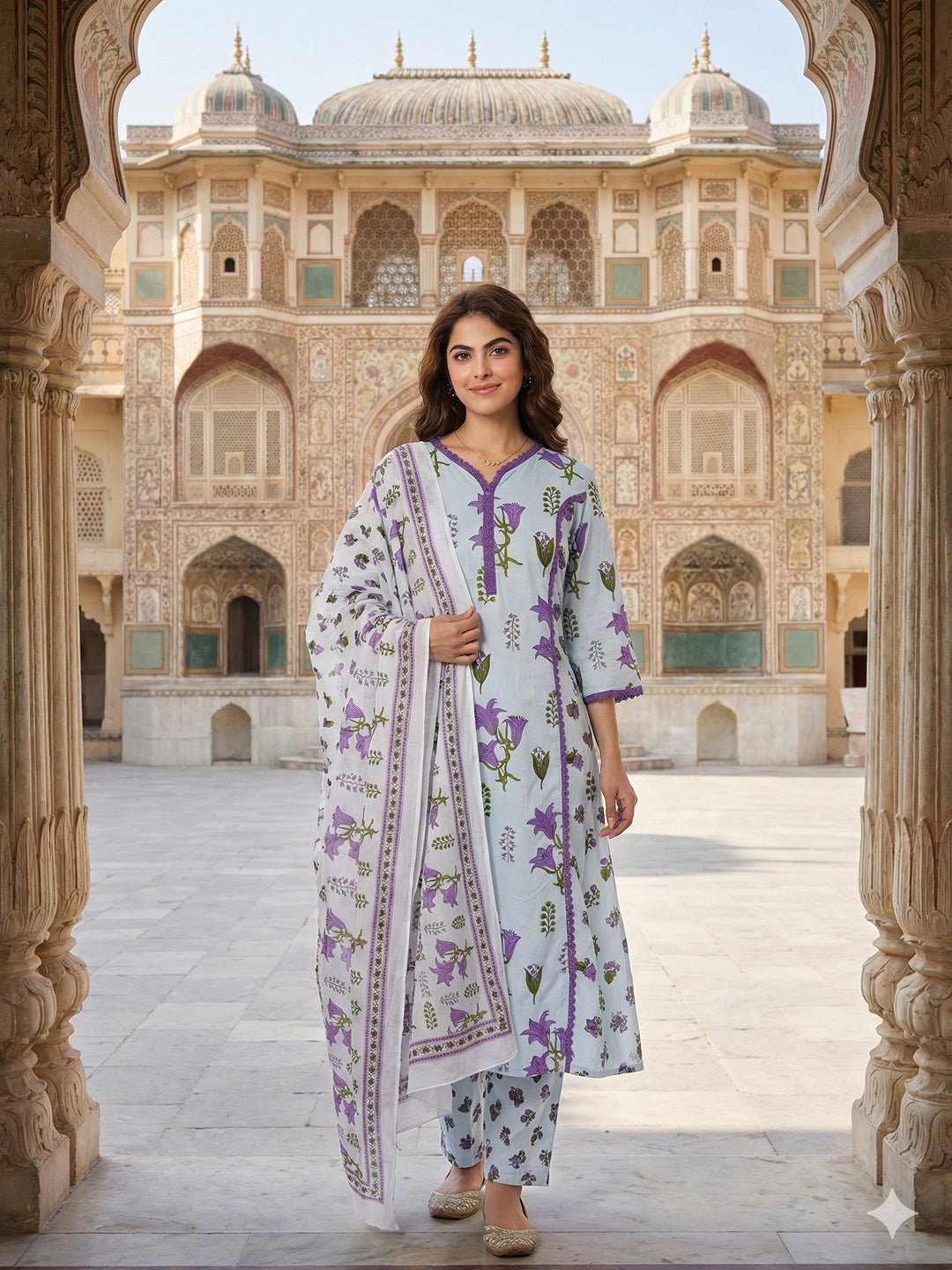 Jaitpuriya White And Purple Pure Cotton Anarkali Regular Kurta Set