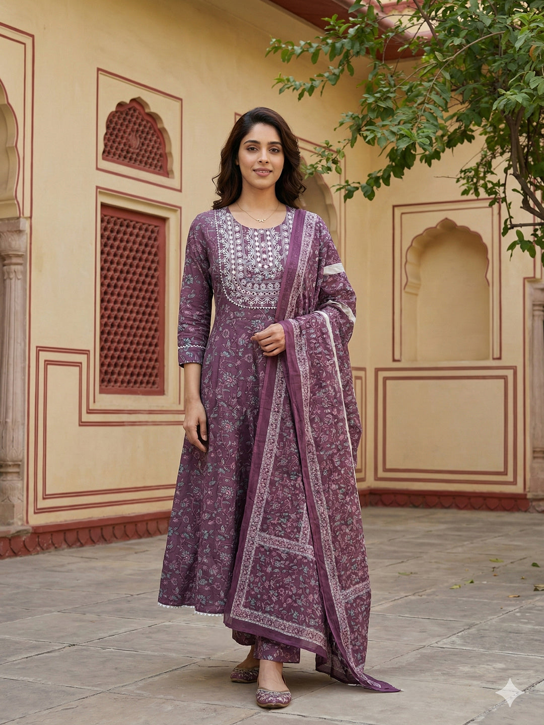 Jaitpuriya Purple Pure Cotton Anarkali Regular Kurta Set