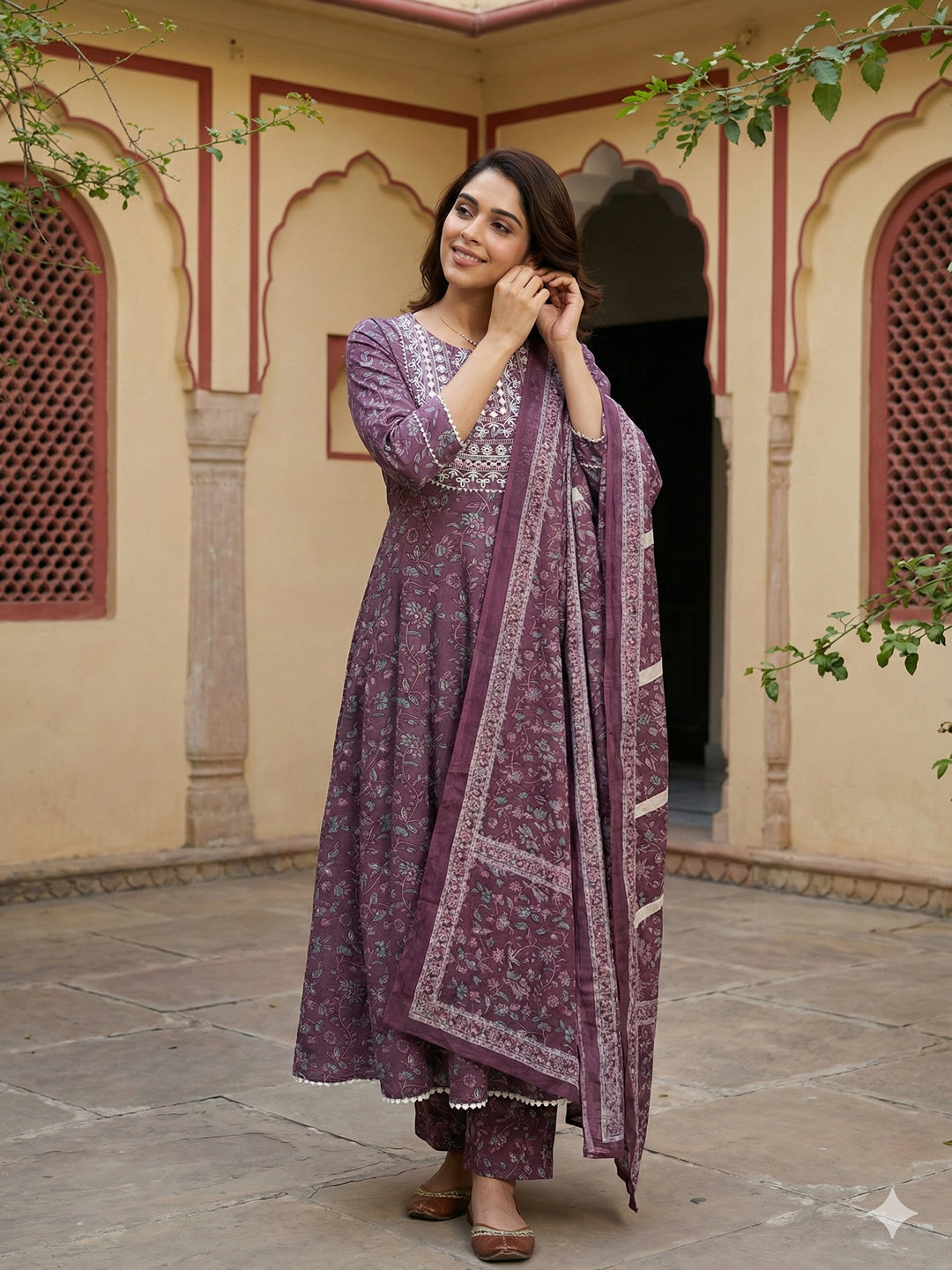 Jaitpuriya Purple Pure Cotton Anarkali Regular Kurta Set