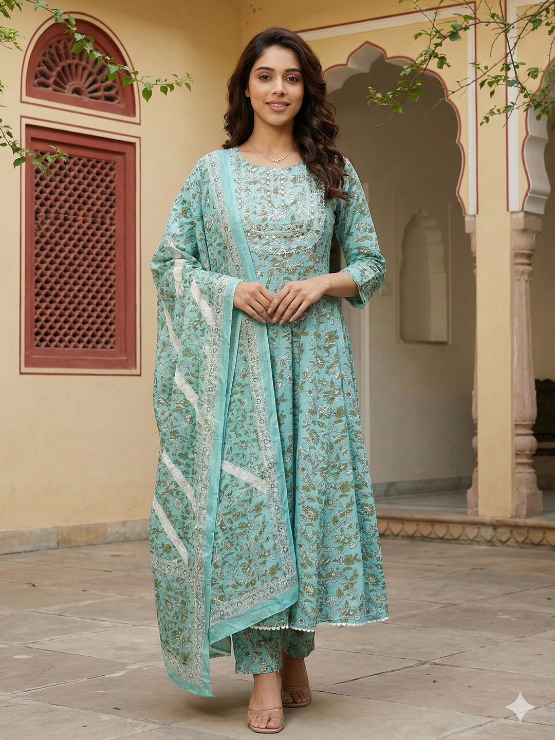 Jaitpuriya Turquoise Blue Pure Cotton Anarkali Regular Kurta Set