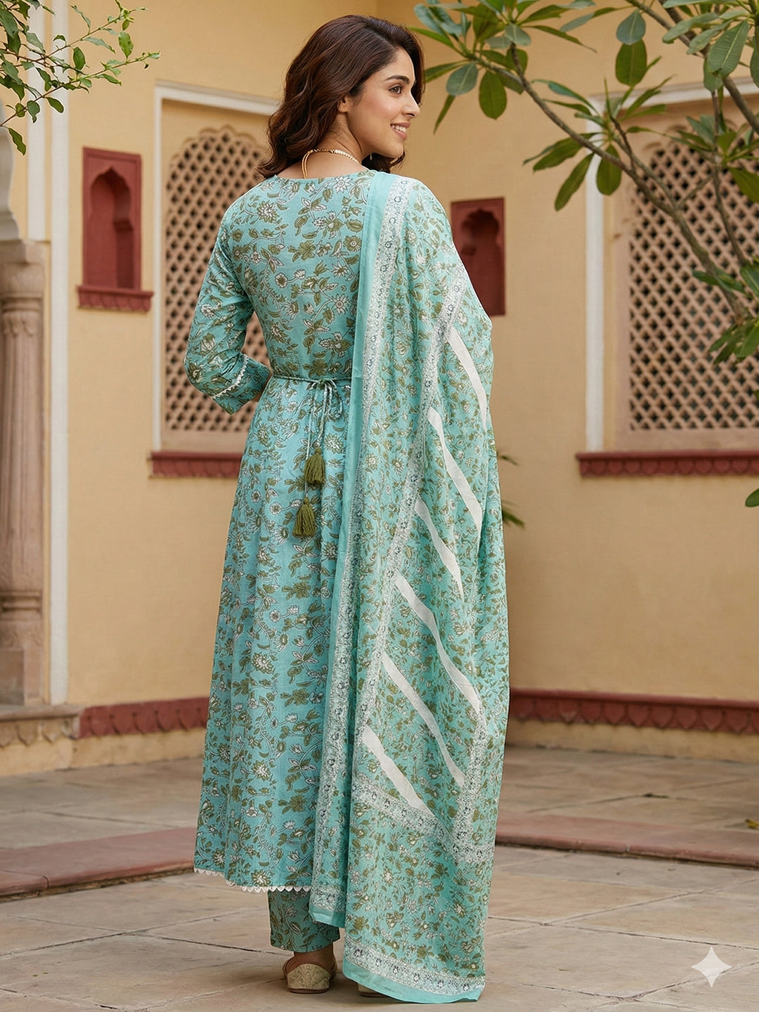 Jaitpuriya Turquoise Blue Pure Cotton Anarkali Regular Kurta Set