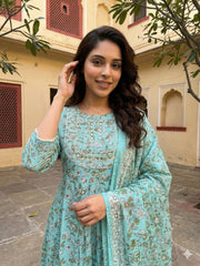 Jaitpuriya Turquoise Blue Pure Cotton Anarkali Regular Kurta Set