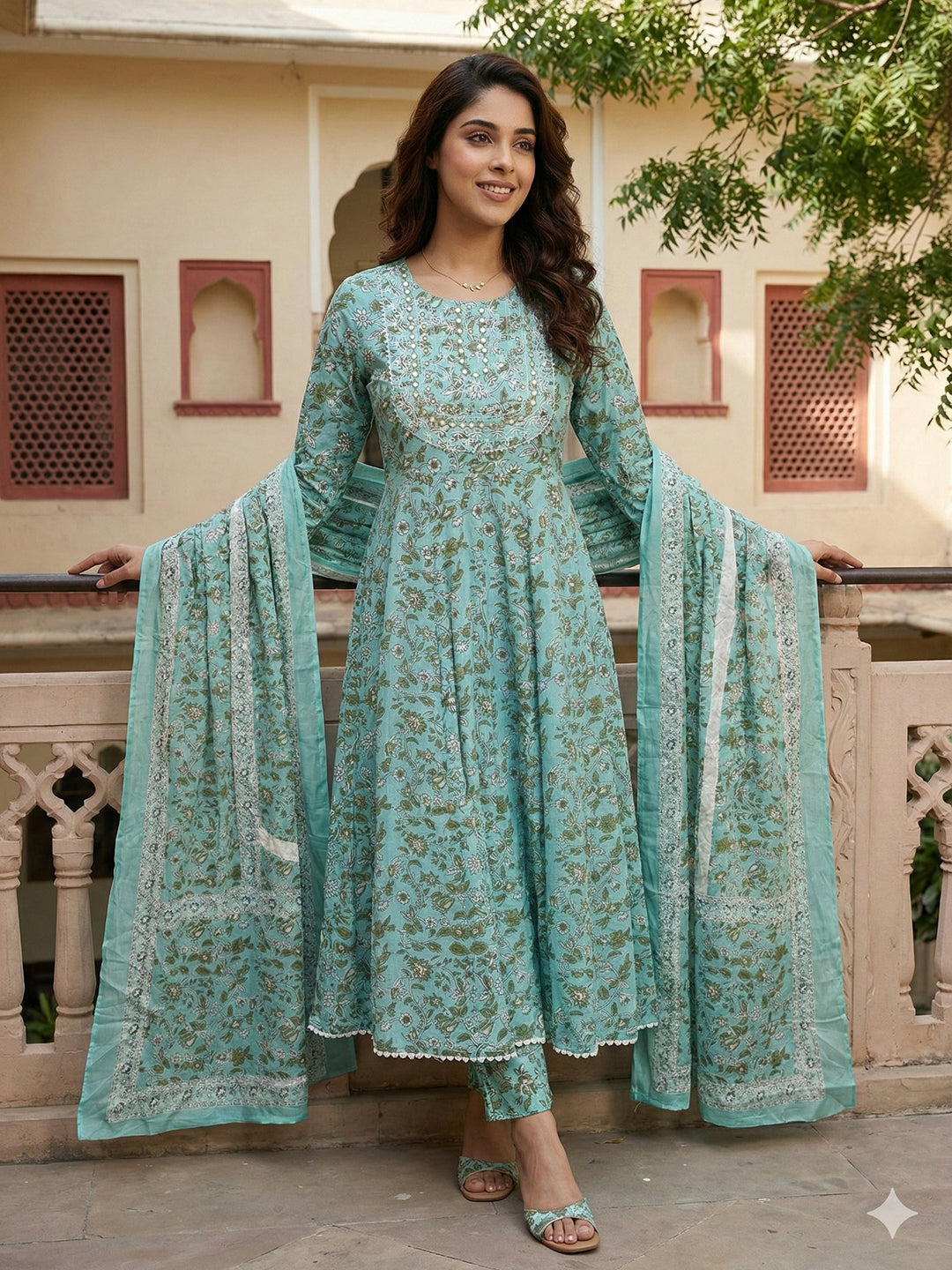 Jaitpuriya Turquoise Blue Pure Cotton Anarkali Regular Kurta Set