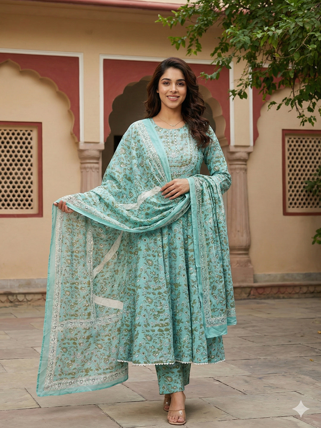 Jaitpuriya Turquoise Blue Pure Cotton Anarkali Regular Kurta Set