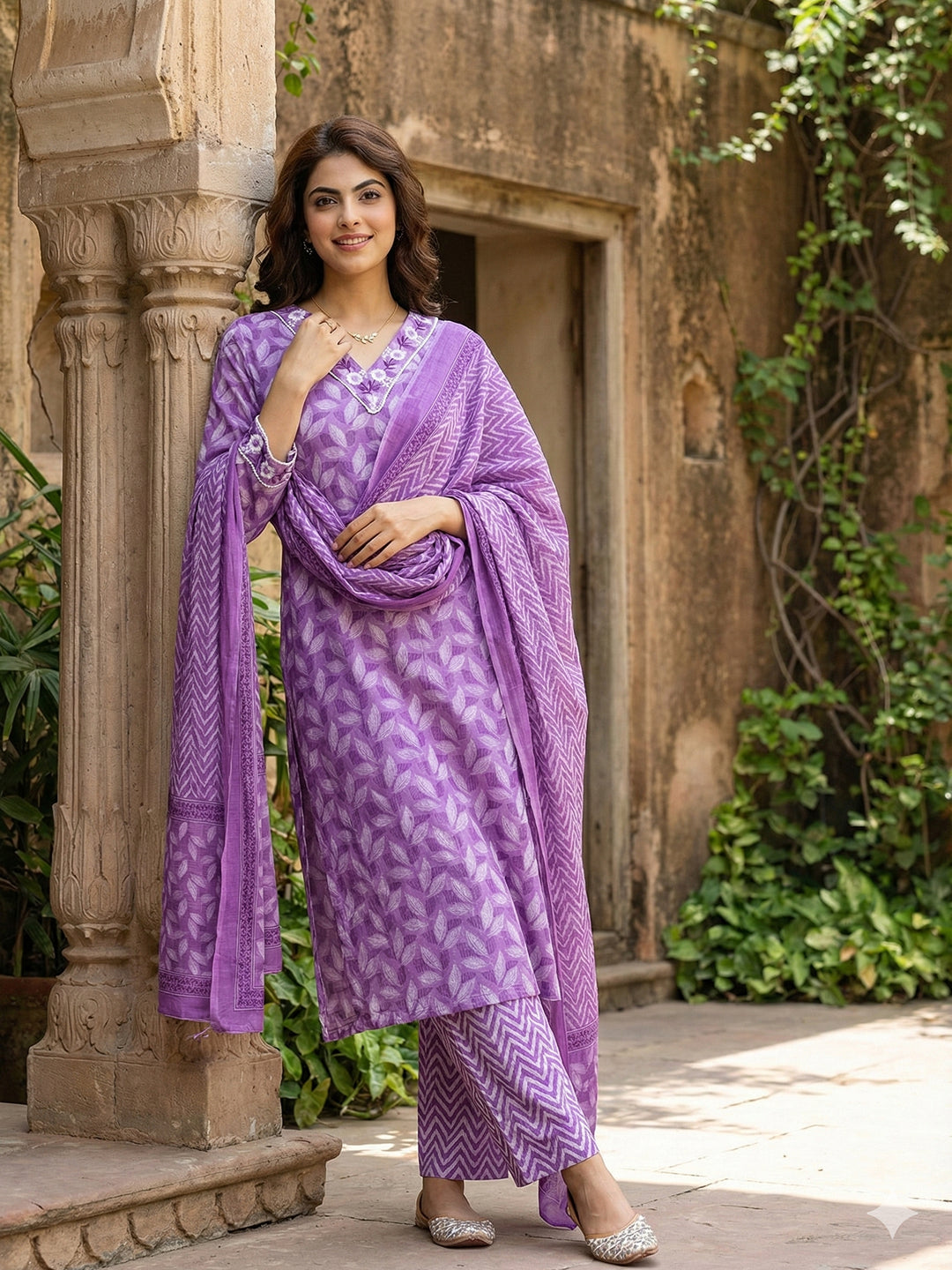 Jaitpuriya Lavender Pure Cotton Straight Regular Kurta Set
