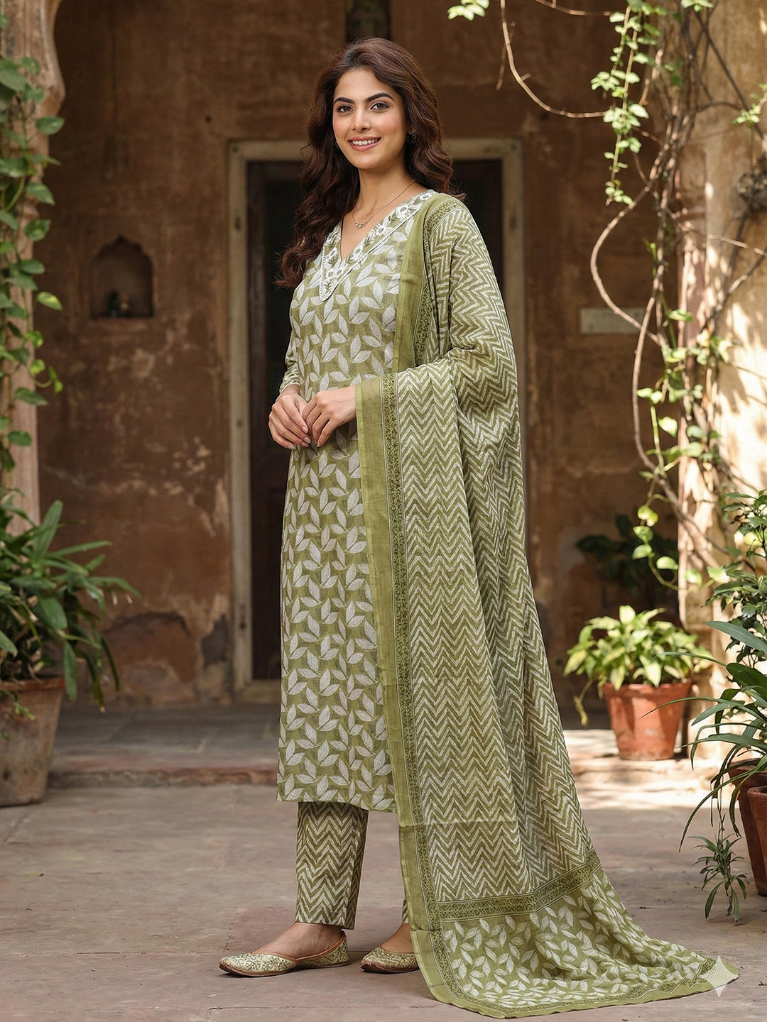 Jaitpuriya Olive Pure Cotton Straight Regular Kurta Set