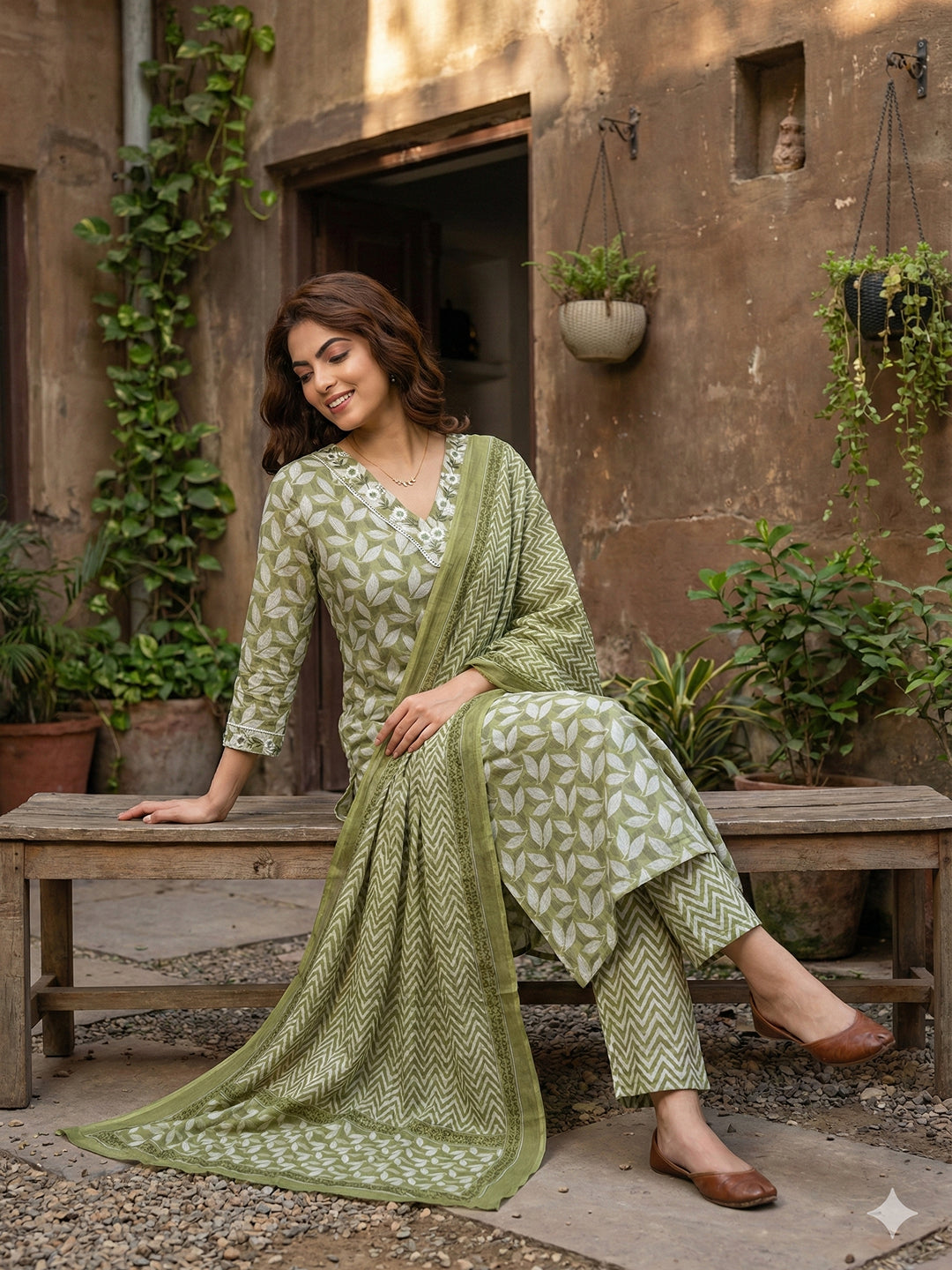Jaitpuriya Olive Pure Cotton Straight Regular Kurta Set