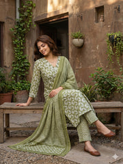 Jaitpuriya Olive Pure Cotton Straight Regular Kurta Set