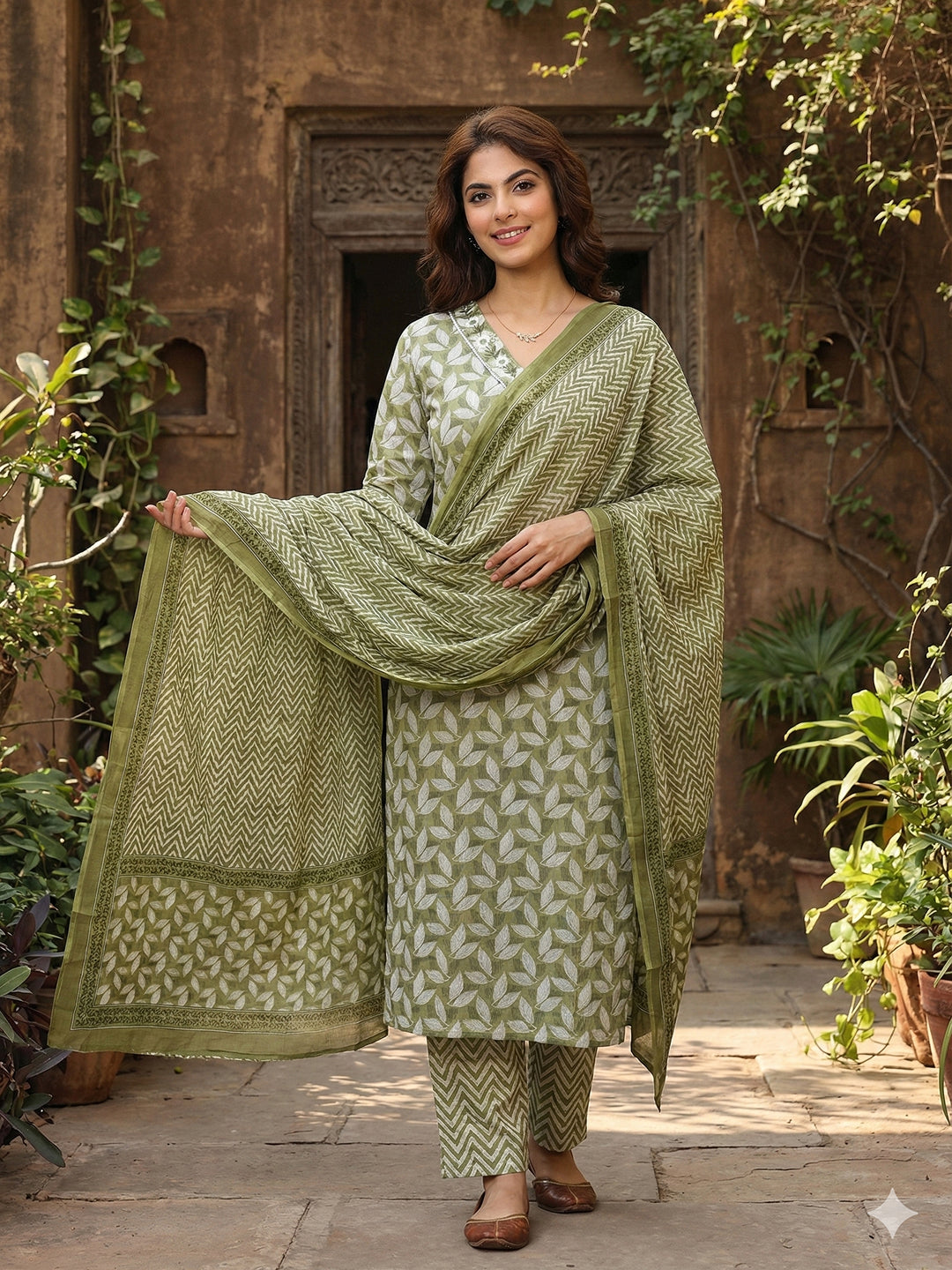 Jaitpuriya Olive Pure Cotton Straight Regular Kurta Set
