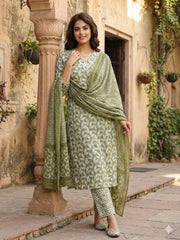 Jaitpuriya Olive Pure Cotton Straight Regular Kurta Set