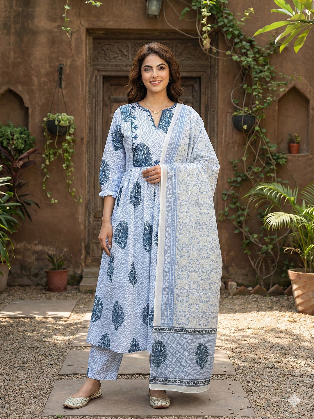 Jaitpuriya Blue And White Pure Cotton Anarkali Regular Kurta Set