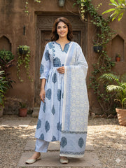 Jaitpuriya Blue And White Pure Cotton Anarkali Regular Kurta Set