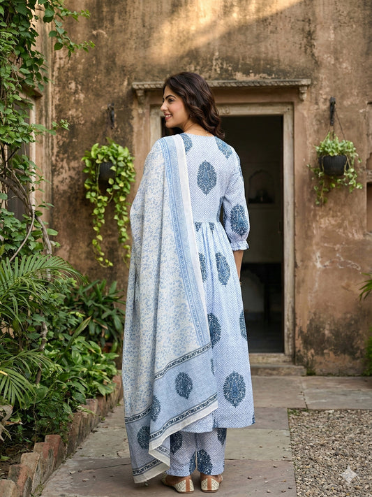 Jaitpuriya Blue And White Pure Cotton Anarkali Regular Kurta Set