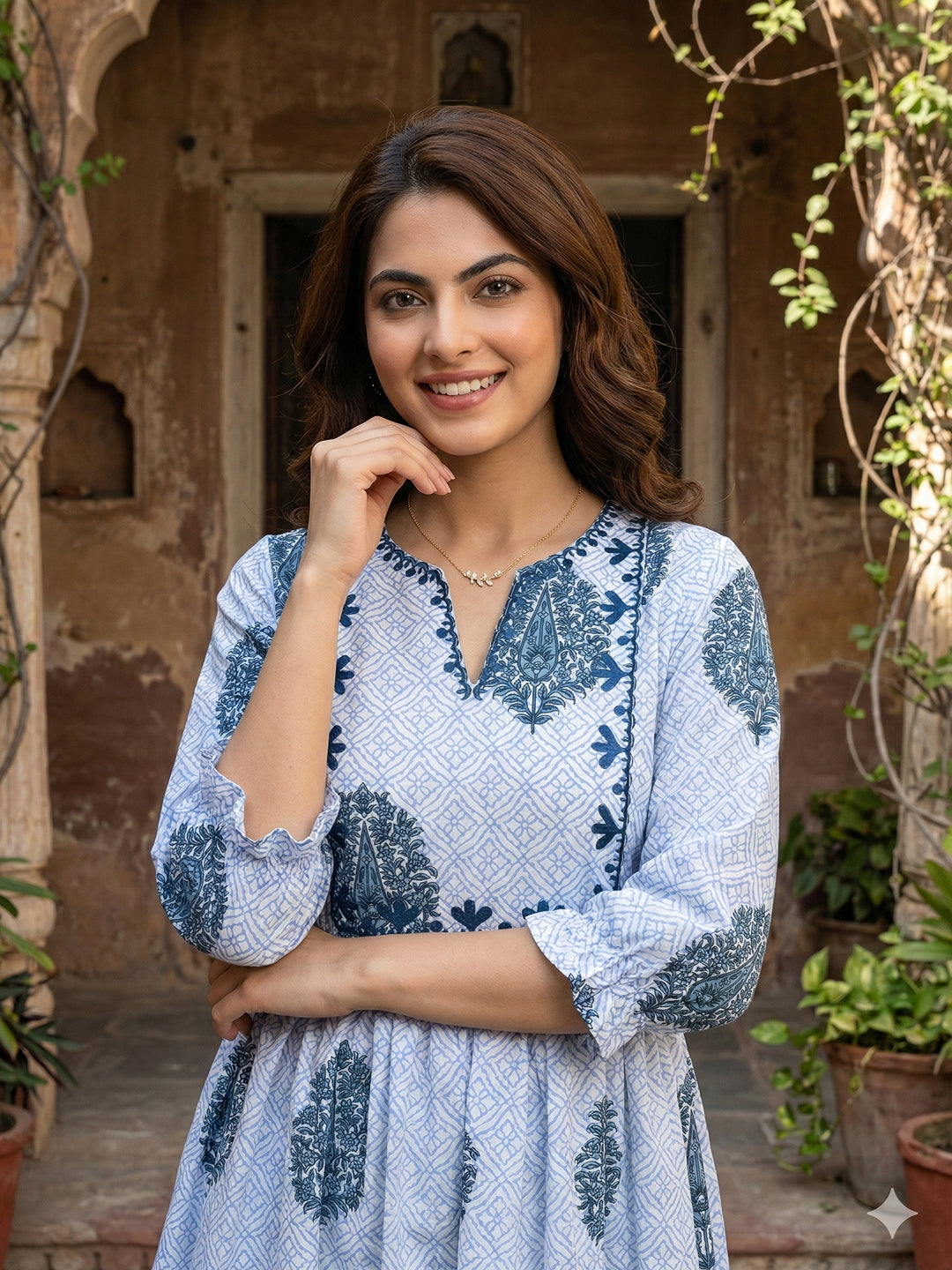Jaitpuriya Blue And White Pure Cotton Anarkali Regular Kurta Set