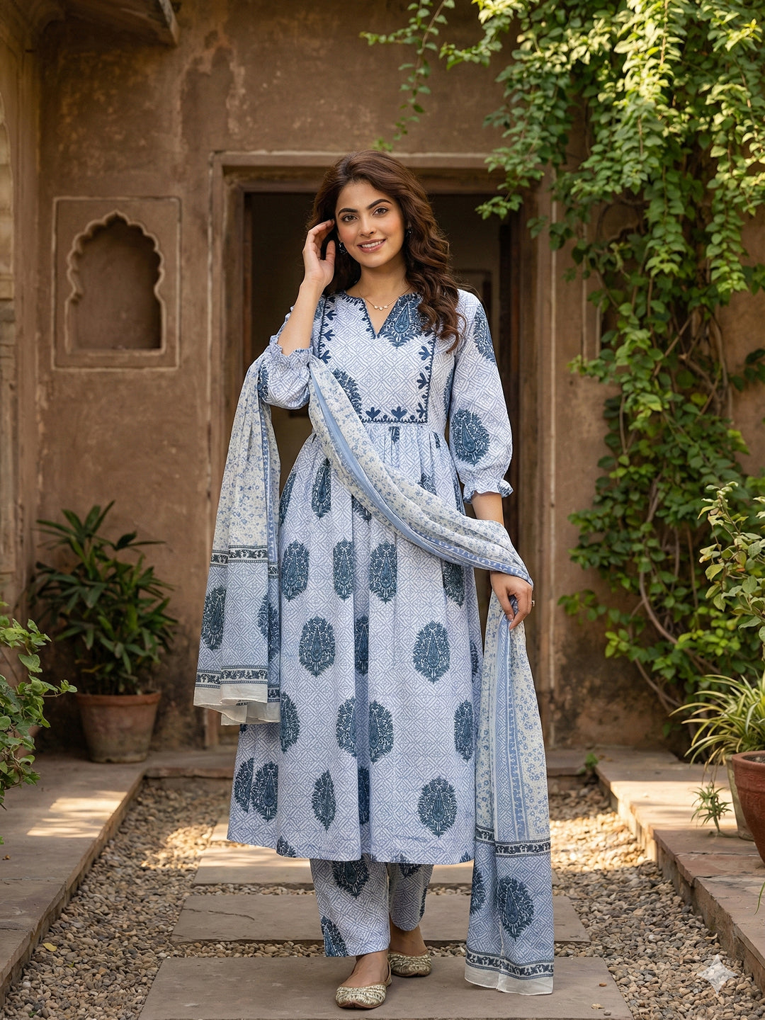 Jaitpuriya Blue And White Pure Cotton Anarkali Regular Kurta Set