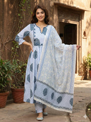 Jaitpuriya Blue And White Pure Cotton Anarkali Regular Kurta Set