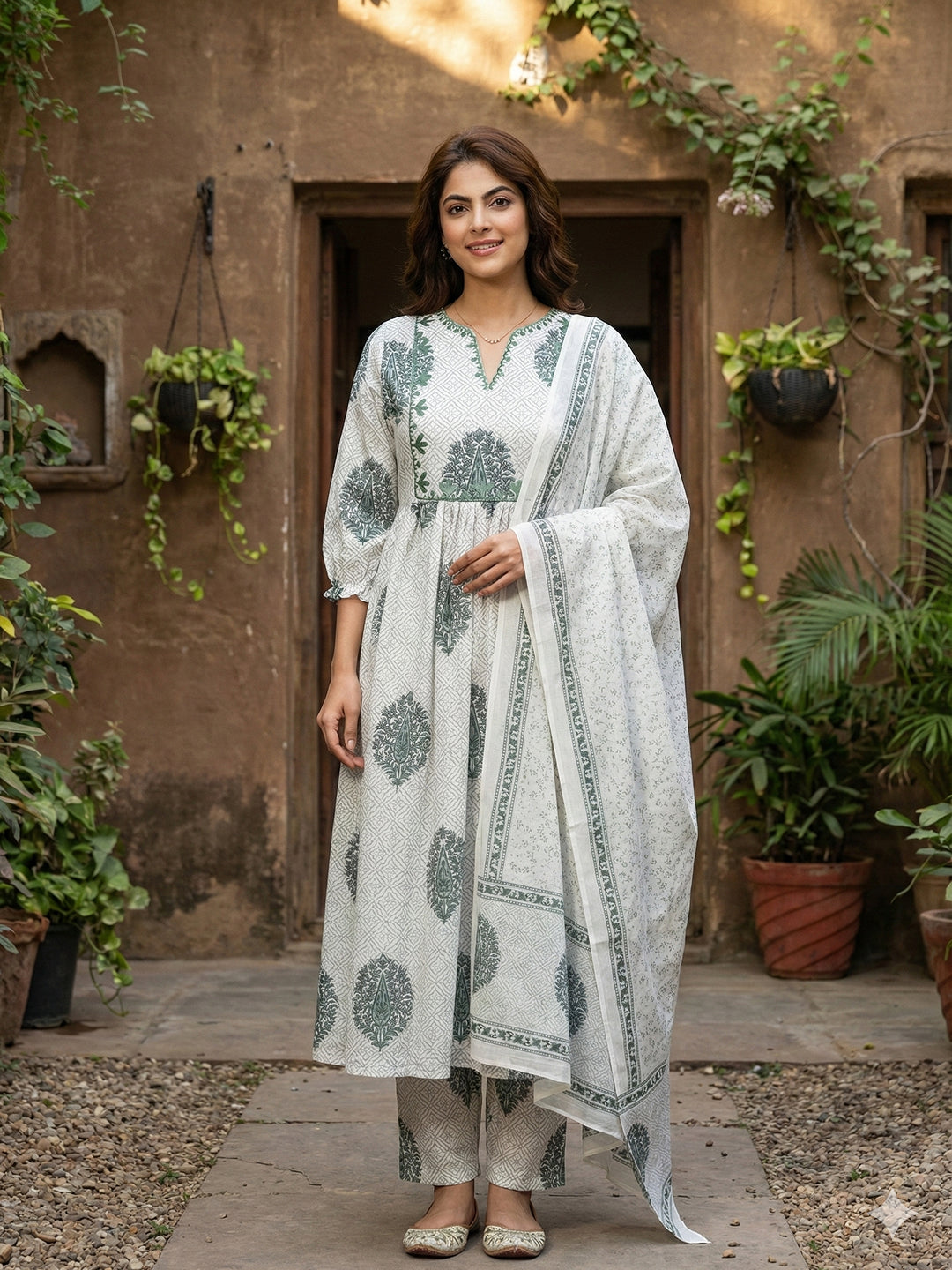 Jaitpuriya Grey And White Pure Cotton Anarkali Regular Kurta Set