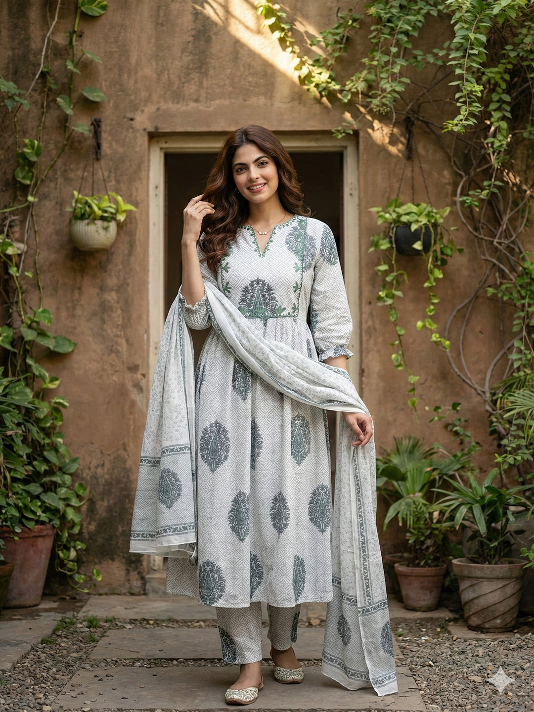 Jaitpuriya Grey And White Pure Cotton Anarkali Regular Kurta Set