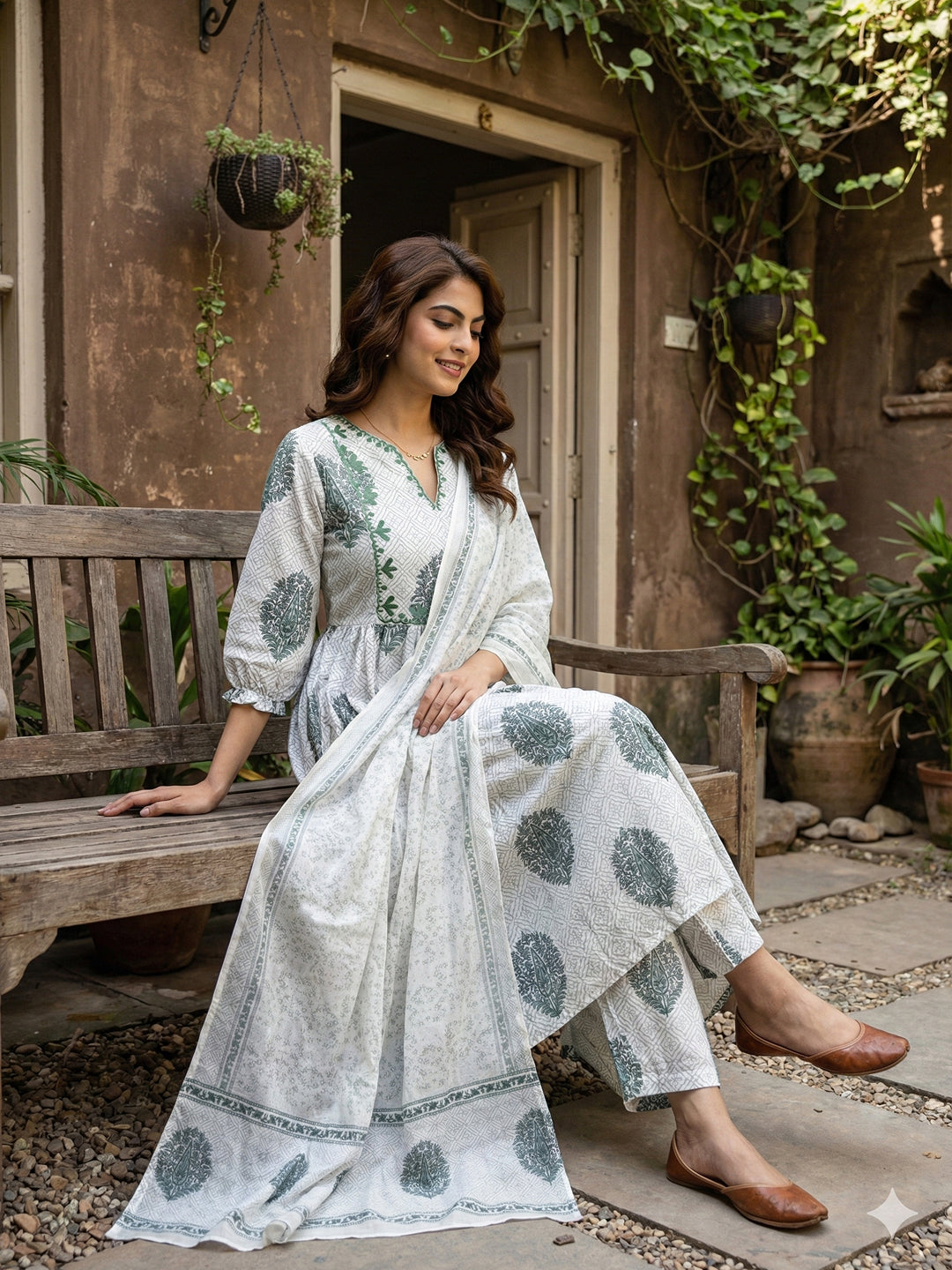 Jaitpuriya Grey And White Pure Cotton Anarkali Regular Kurta Set