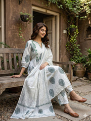 Jaitpuriya Grey And White Pure Cotton Anarkali Regular Kurta Set