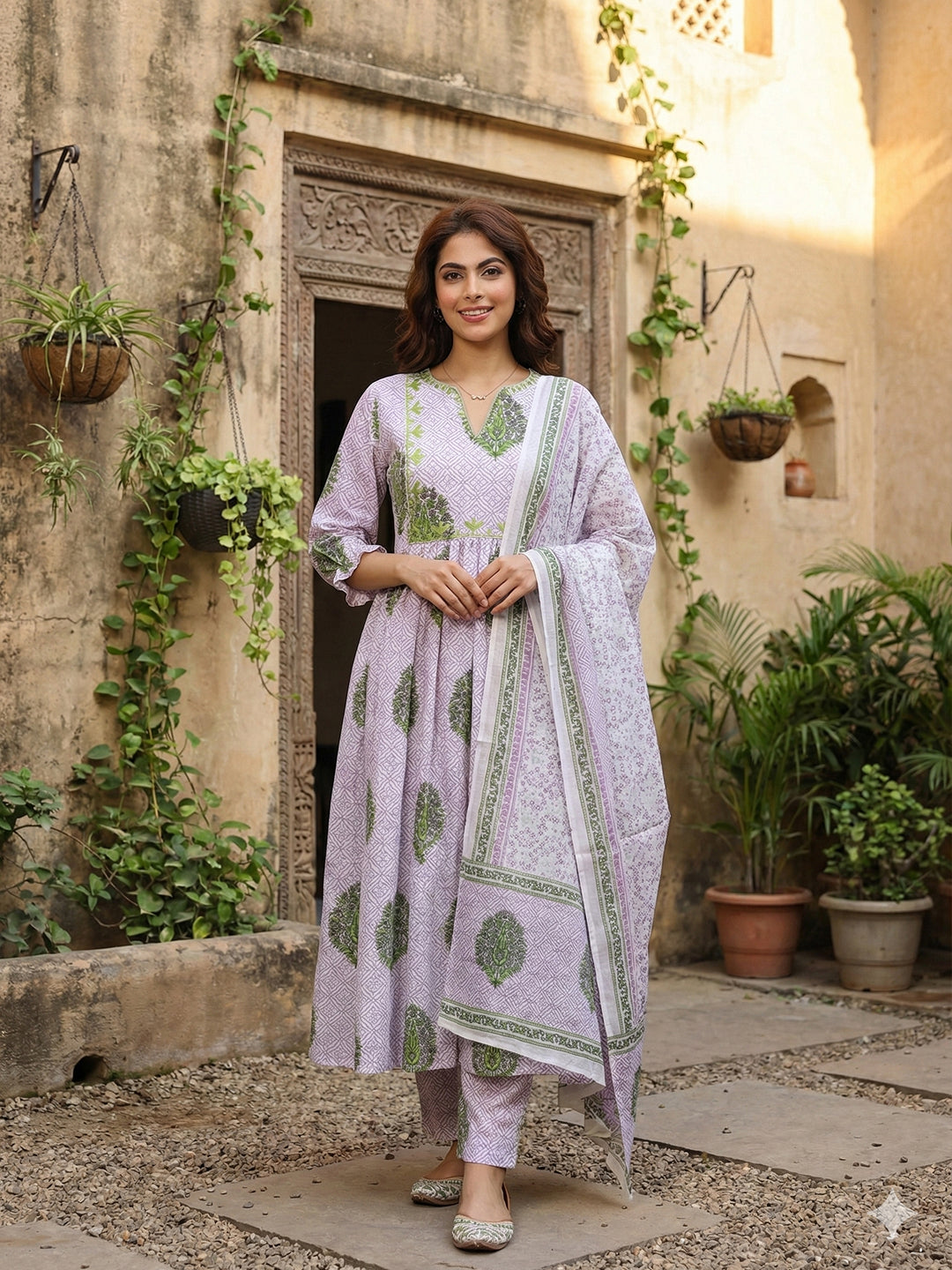 Jaitpuriya Purple And White Pure Cotton Anarkali Regular Kurta Set