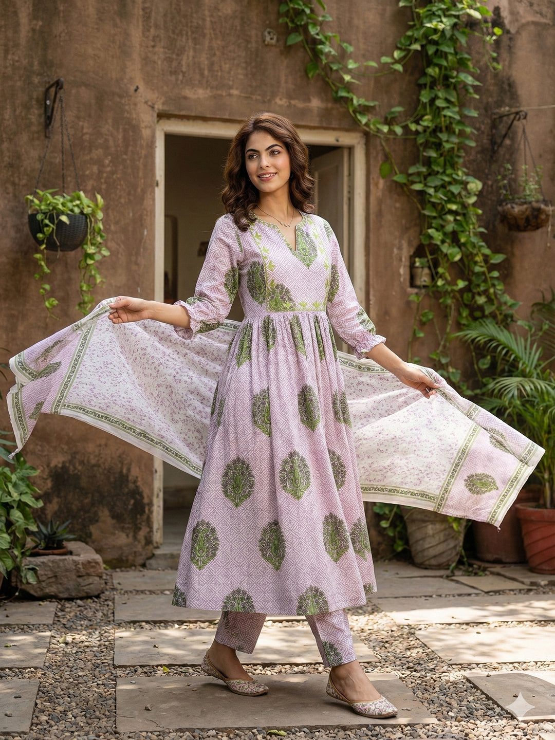 Jaitpuriya Purple And White Pure Cotton Anarkali Regular Kurta Set