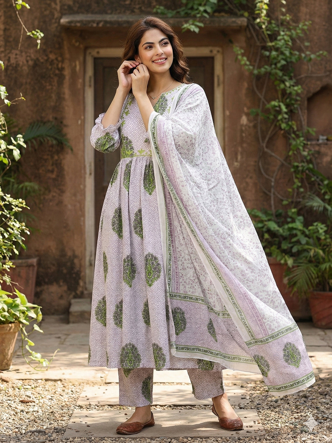 Jaitpuriya Purple And White Pure Cotton Anarkali Regular Kurta Set