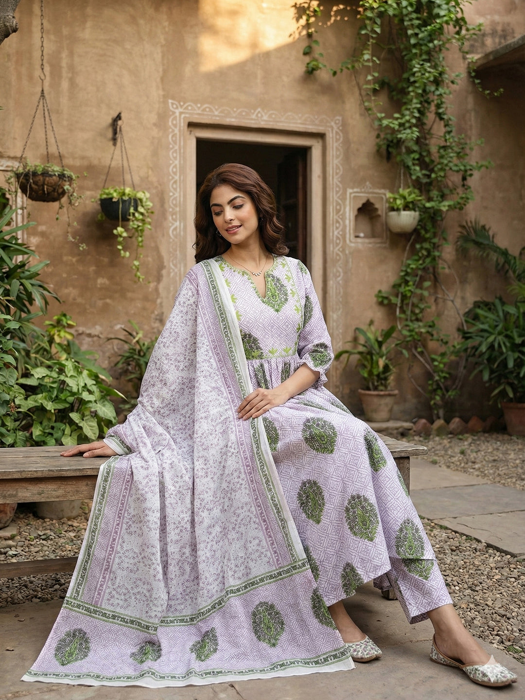 Jaitpuriya Purple And White Pure Cotton Anarkali Regular Kurta Set