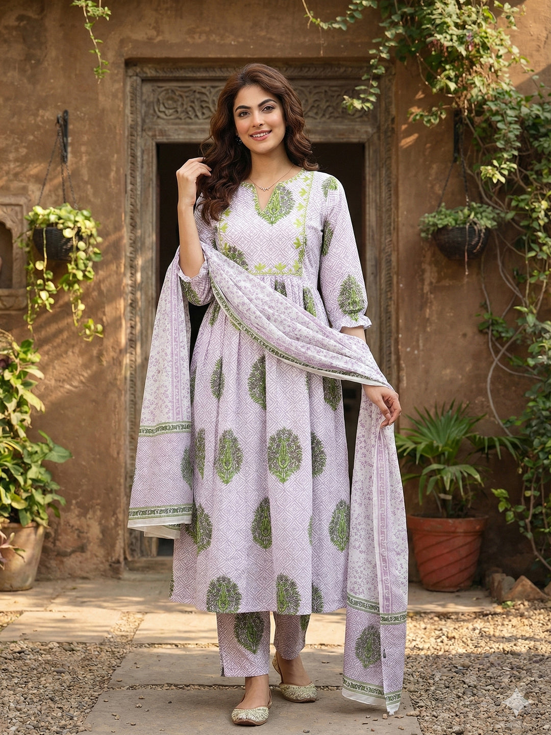 Jaitpuriya Purple And White Pure Cotton Anarkali Regular Kurta Set