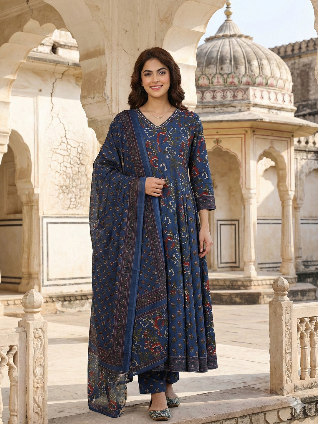 Jaitpuriya Blue Pure Cotton Anarkali Regular Kurta Set