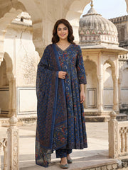 Jaitpuriya Blue Pure Cotton Anarkali Regular Kurta Set