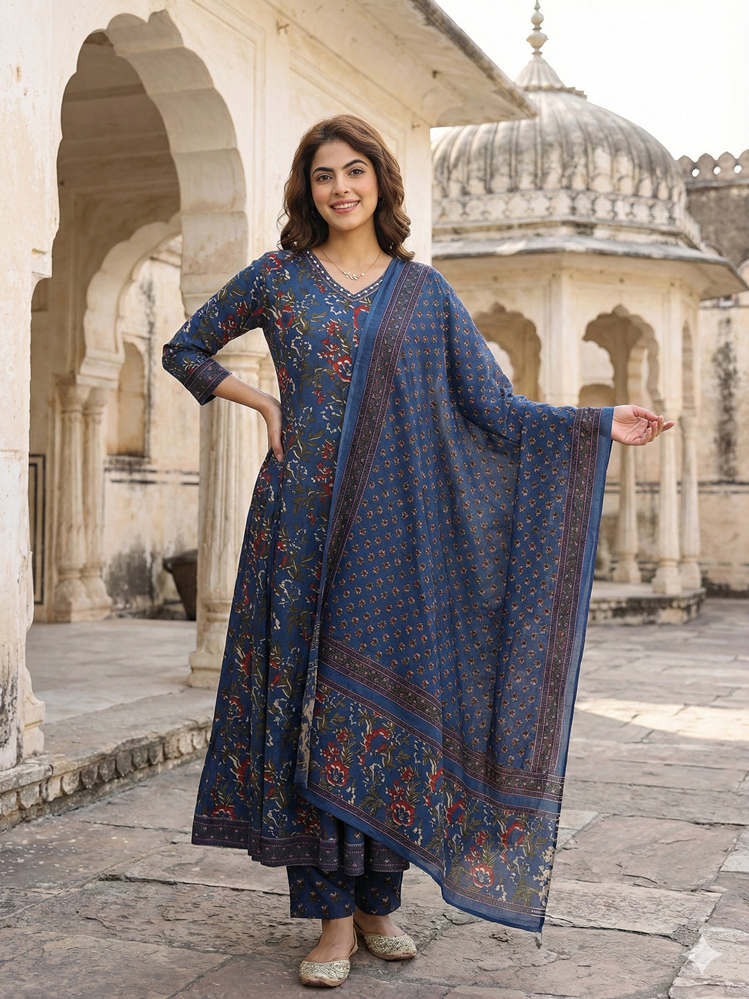 Jaitpuriya Blue Pure Cotton Anarkali Regular Kurta Set