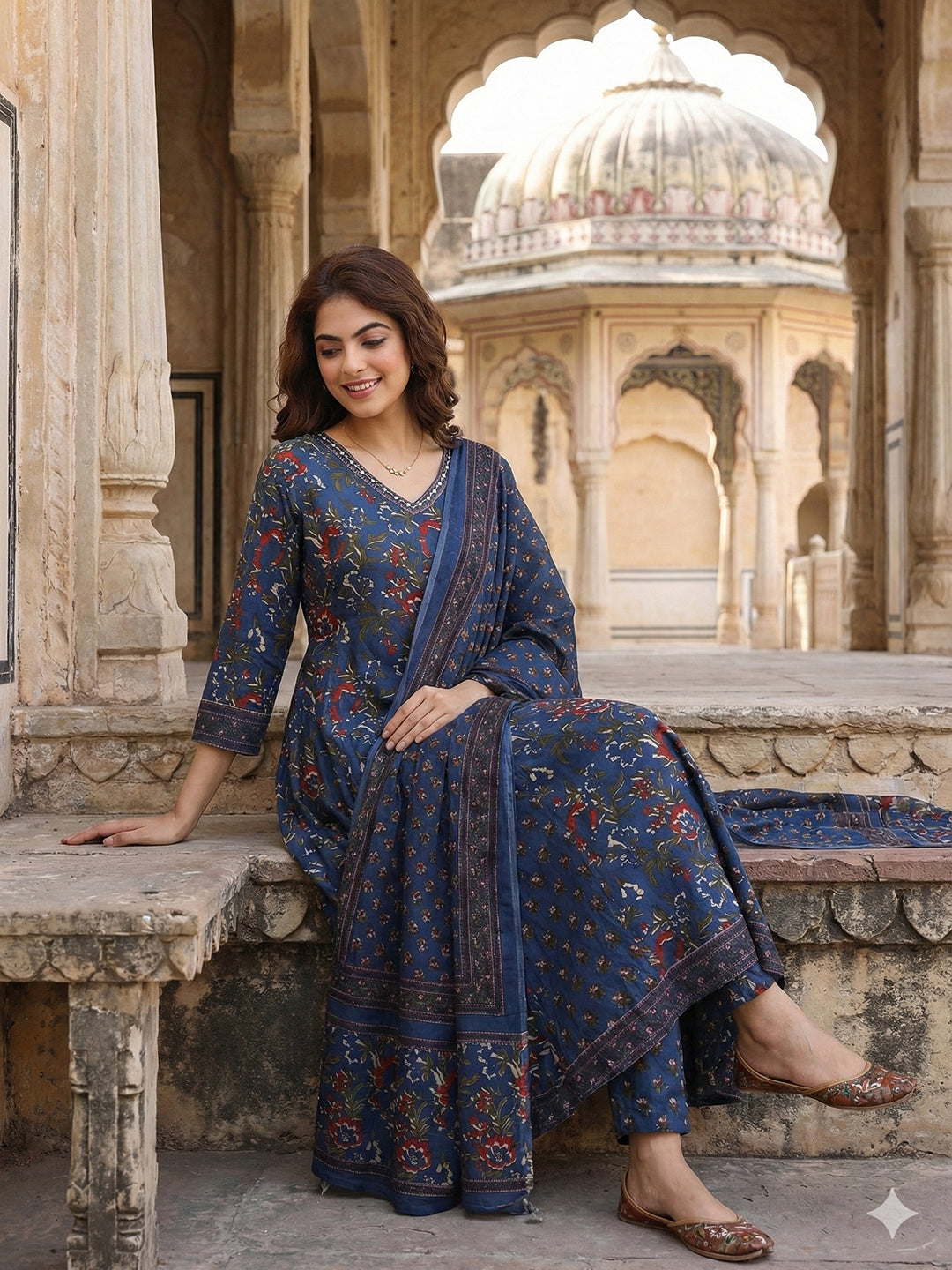 Jaitpuriya Blue Pure Cotton Anarkali Regular Kurta Set