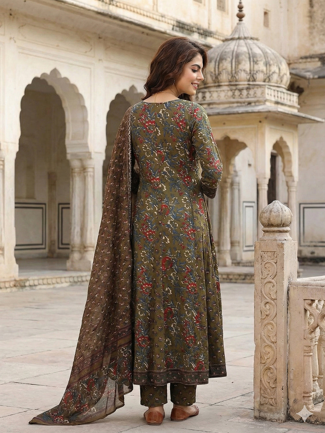 Jaitpuriya Mehndi Green Pure Cotton Anarkali Regular Kurta Set