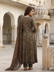 Jaitpuriya Mehndi Green Pure Cotton Anarkali Regular Kurta Set