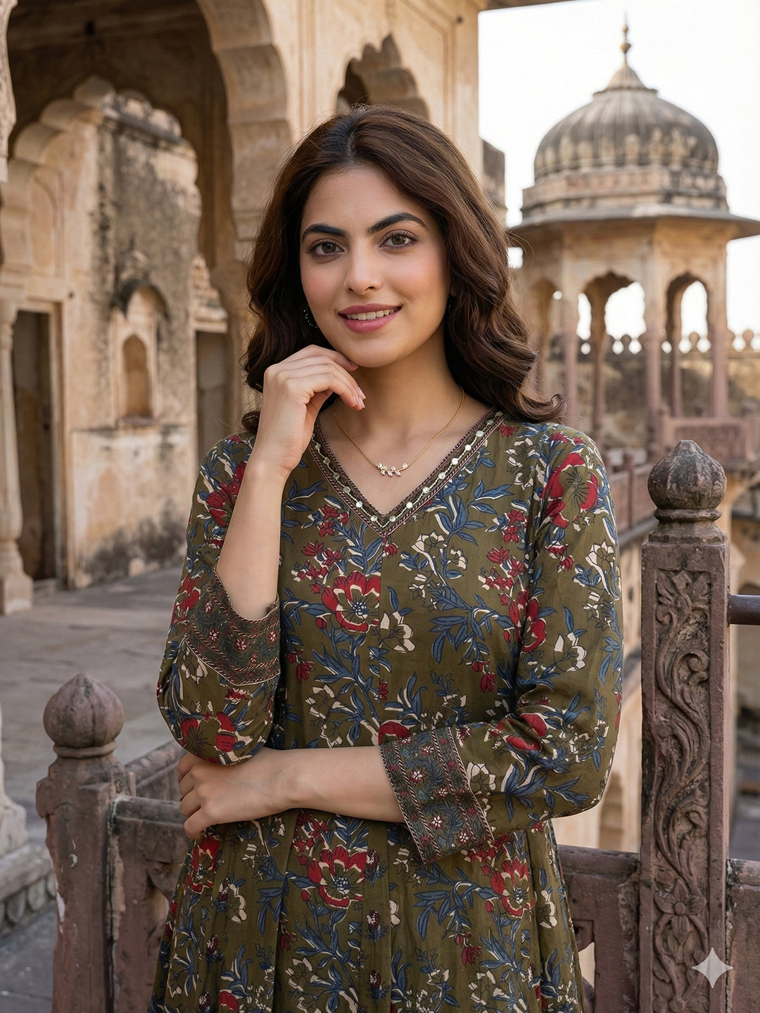 Jaitpuriya Mehndi Green Pure Cotton Anarkali Regular Kurta Set