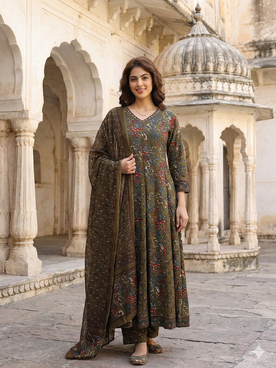 Jaitpuriya Mehndi Green Pure Cotton Anarkali Regular Kurta Set