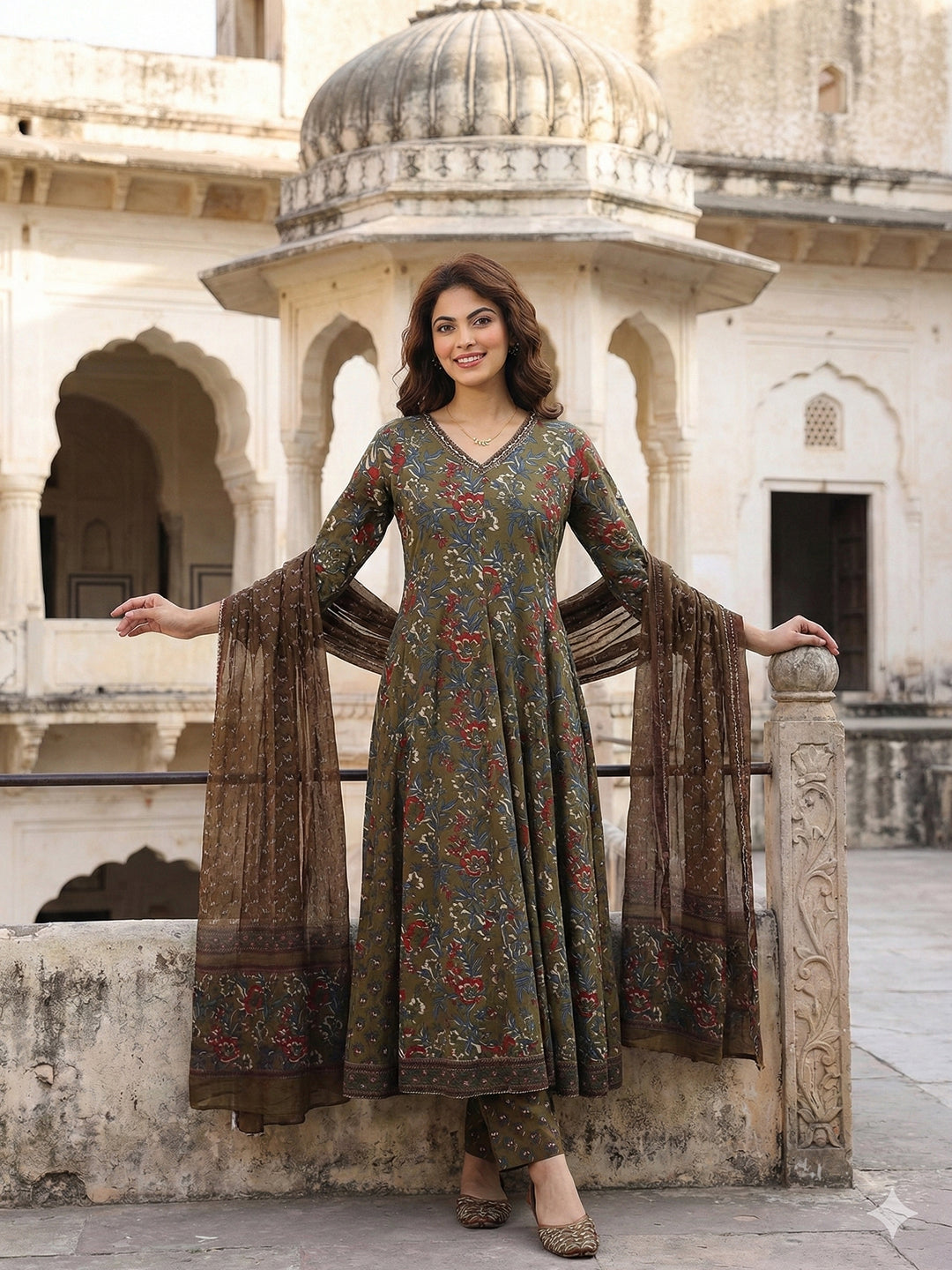 Jaitpuriya Mehndi Green Pure Cotton Anarkali Regular Kurta Set