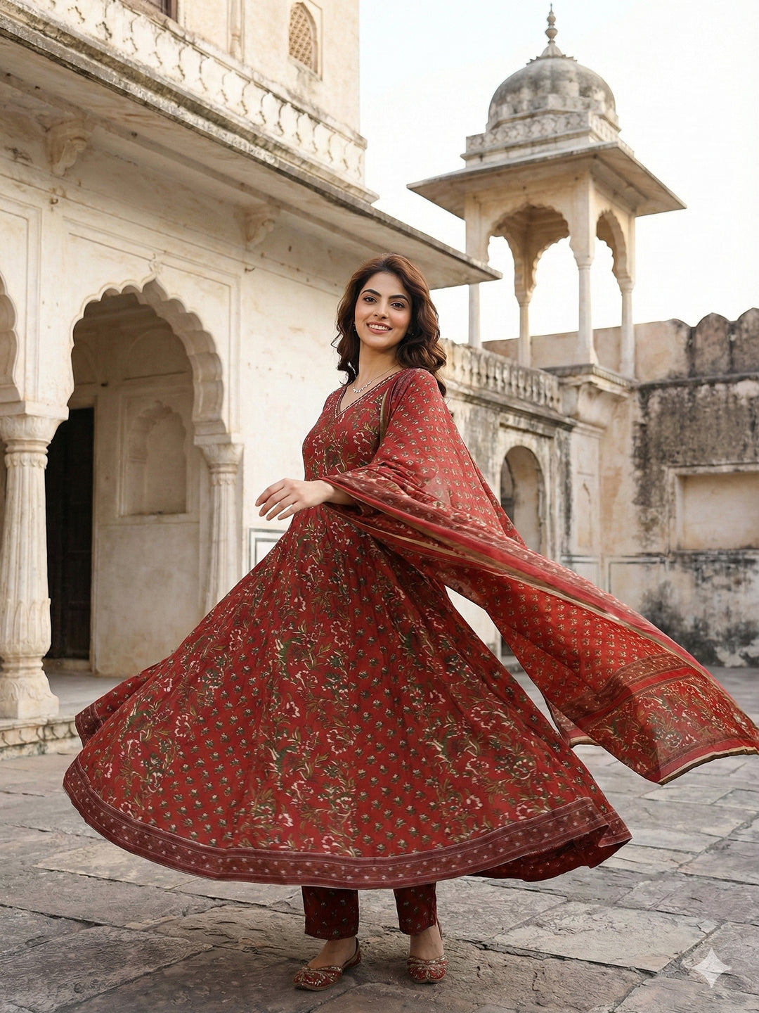 Jaitpuriya Maroon Pure Cotton Anarkali Regular Kurta Set