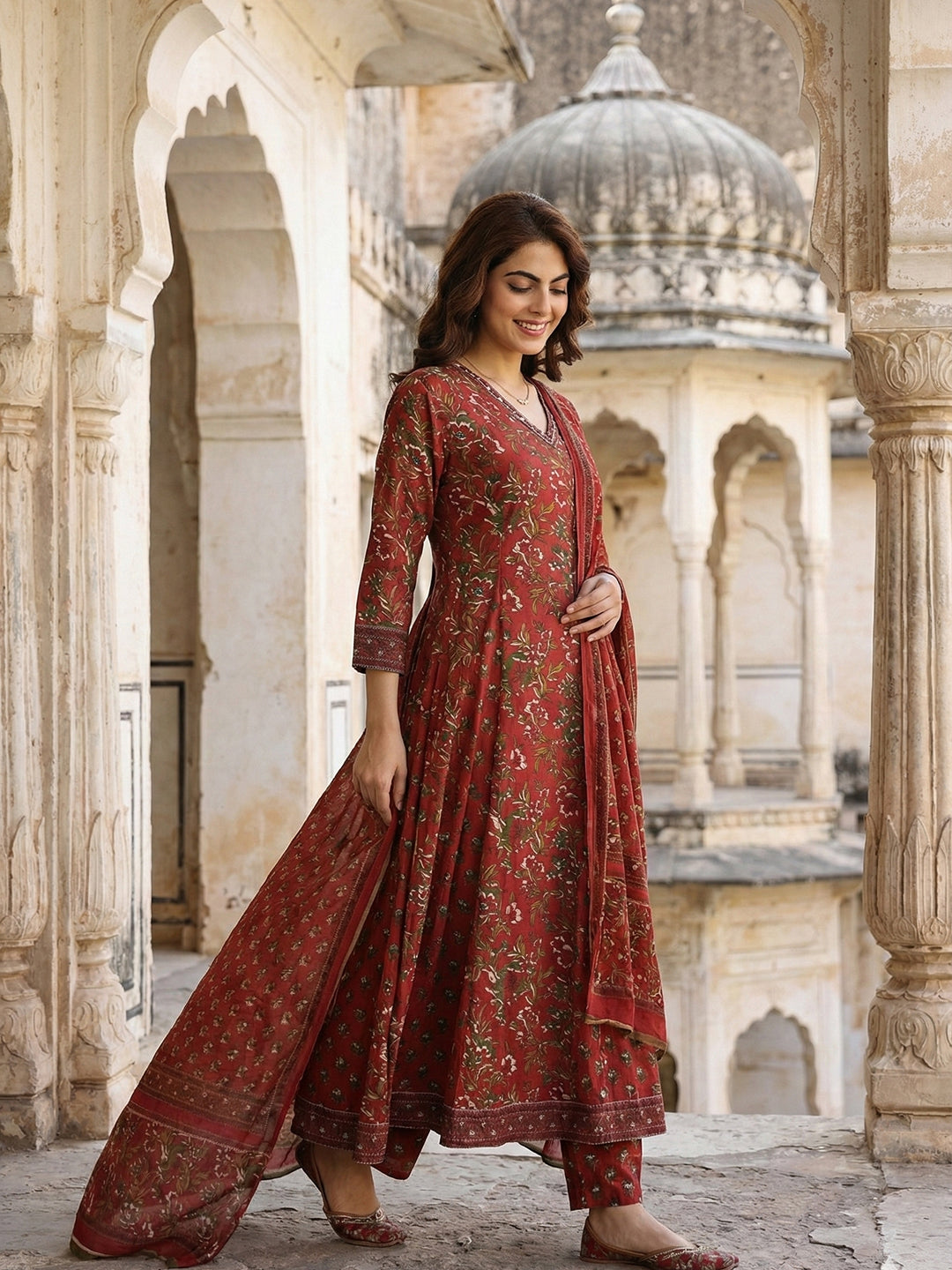 Jaitpuriya Maroon Pure Cotton Anarkali Regular Kurta Set