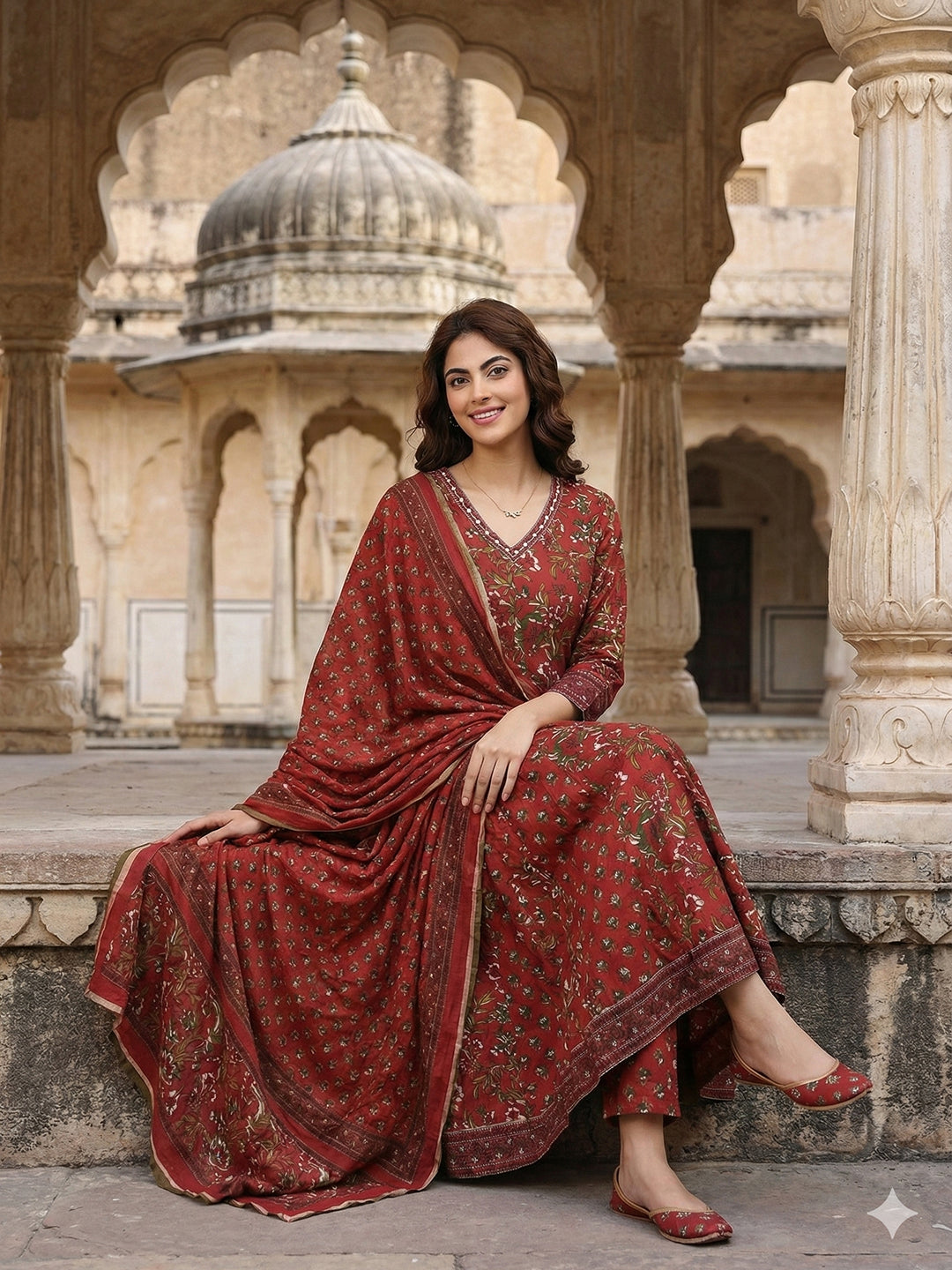 Jaitpuriya Maroon Pure Cotton Anarkali Regular Kurta Set