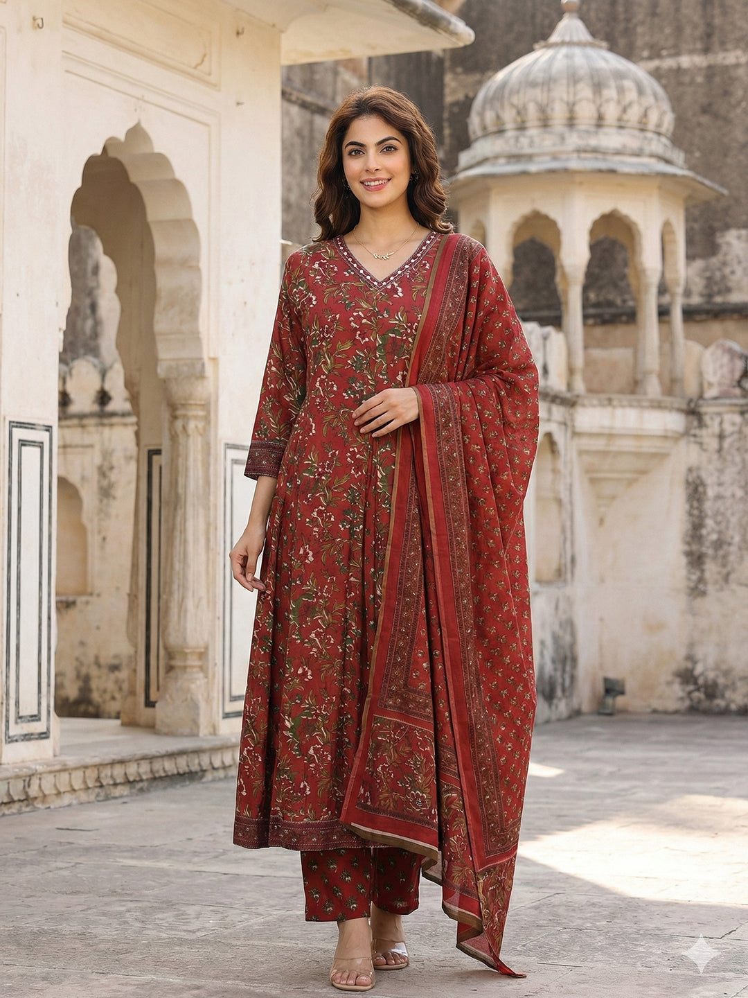 Jaitpuriya Maroon Pure Cotton Anarkali Regular Kurta Set