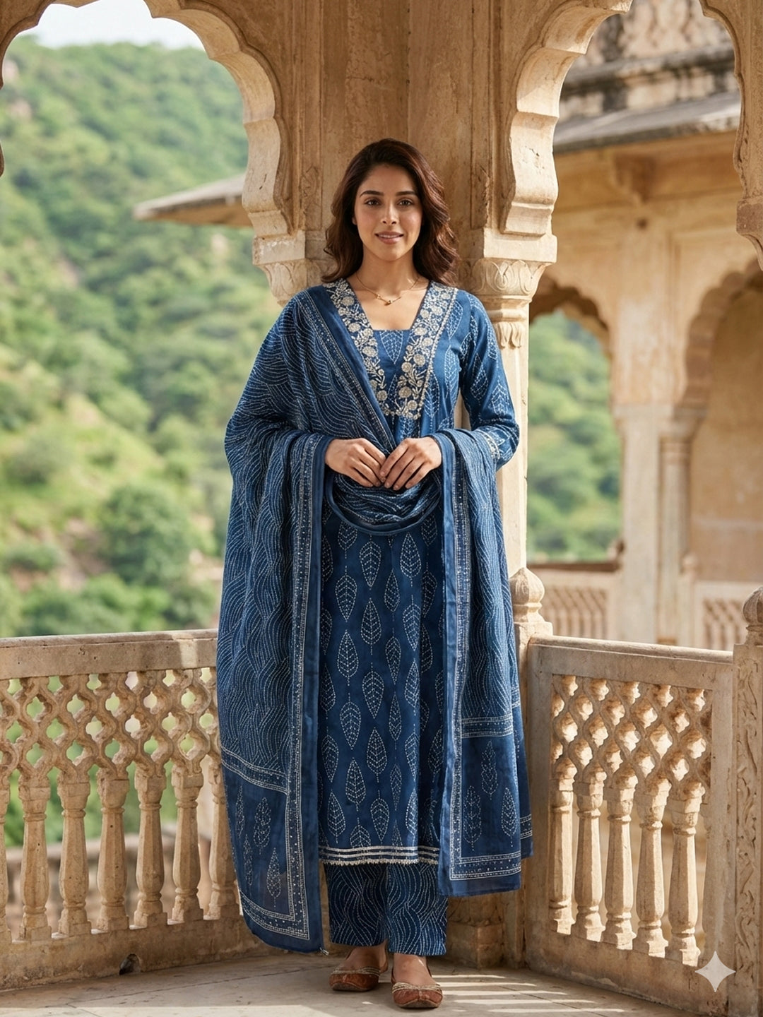 Jaitpuriya Blue Pure Cotton Anarkali Regular Kurta Set