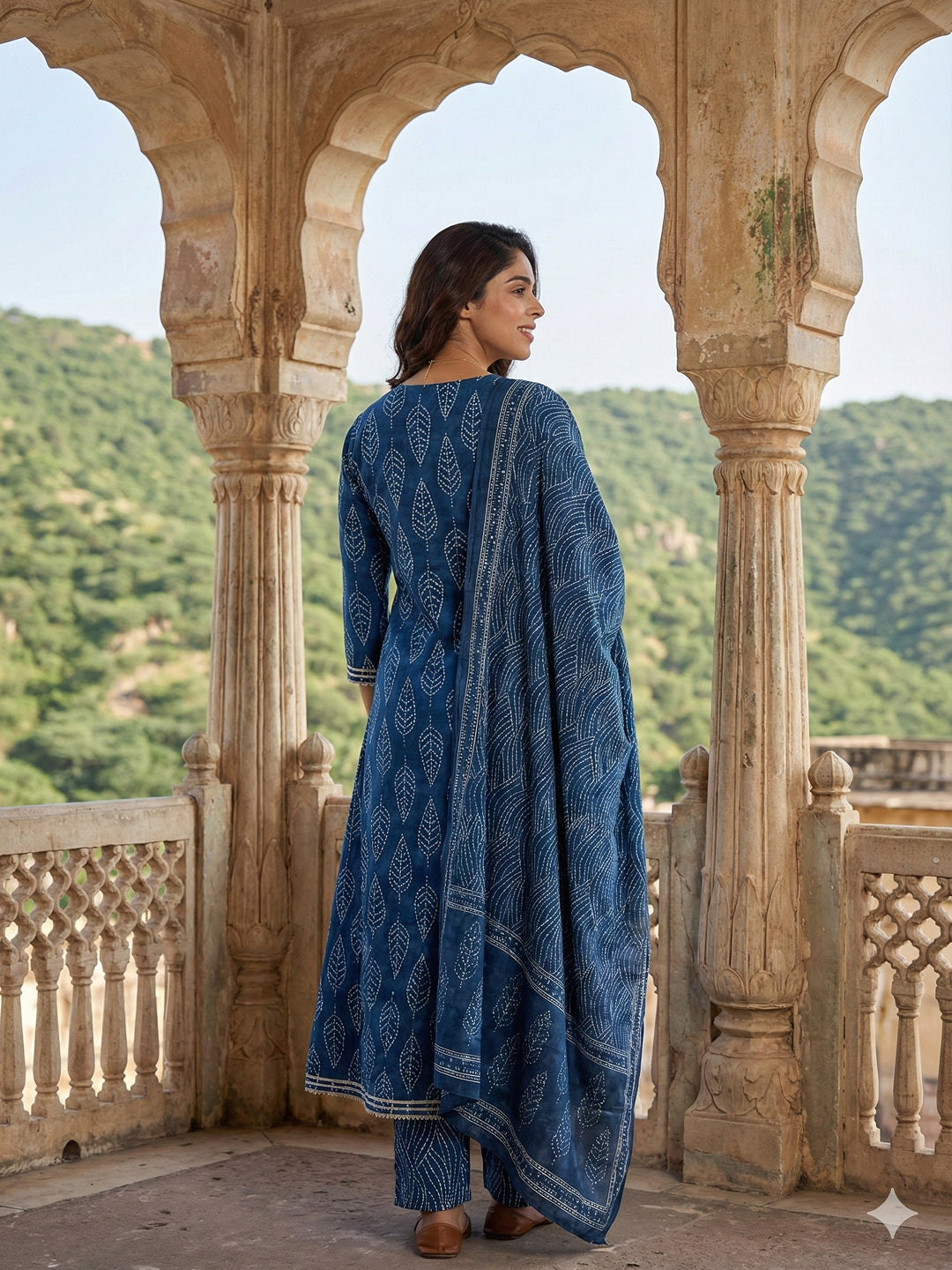 Jaitpuriya Blue Pure Cotton Anarkali Regular Kurta Set