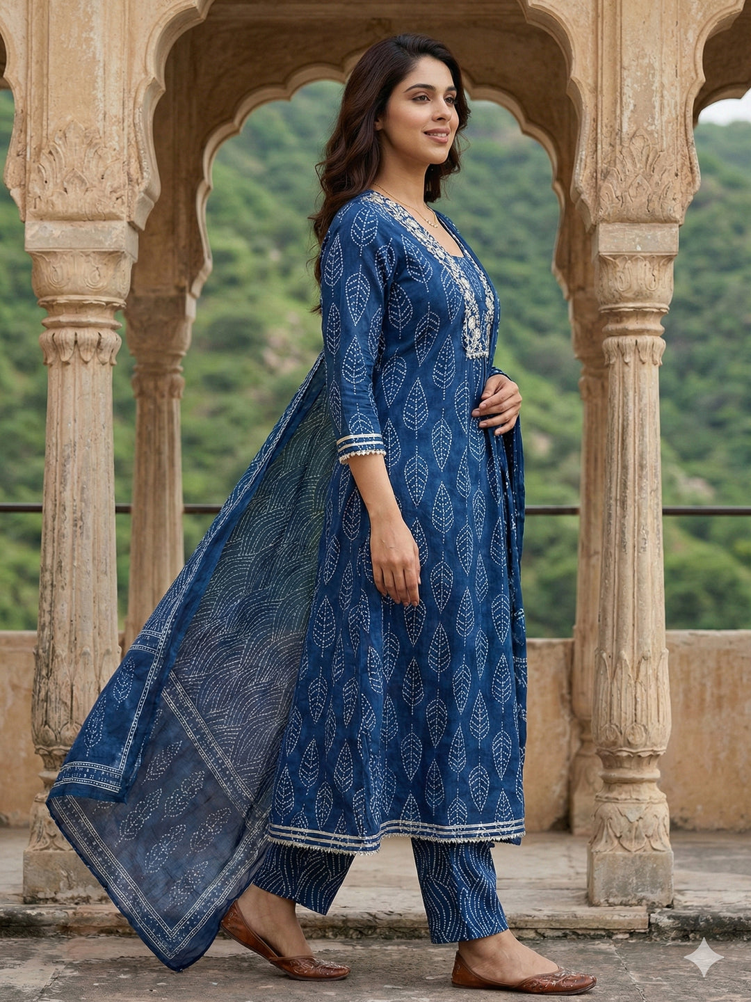 Jaitpuriya Blue Pure Cotton Anarkali Regular Kurta Set