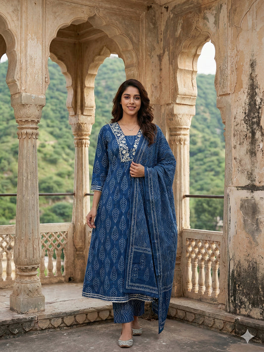 Jaitpuriya Blue Pure Cotton Anarkali Regular Kurta Set